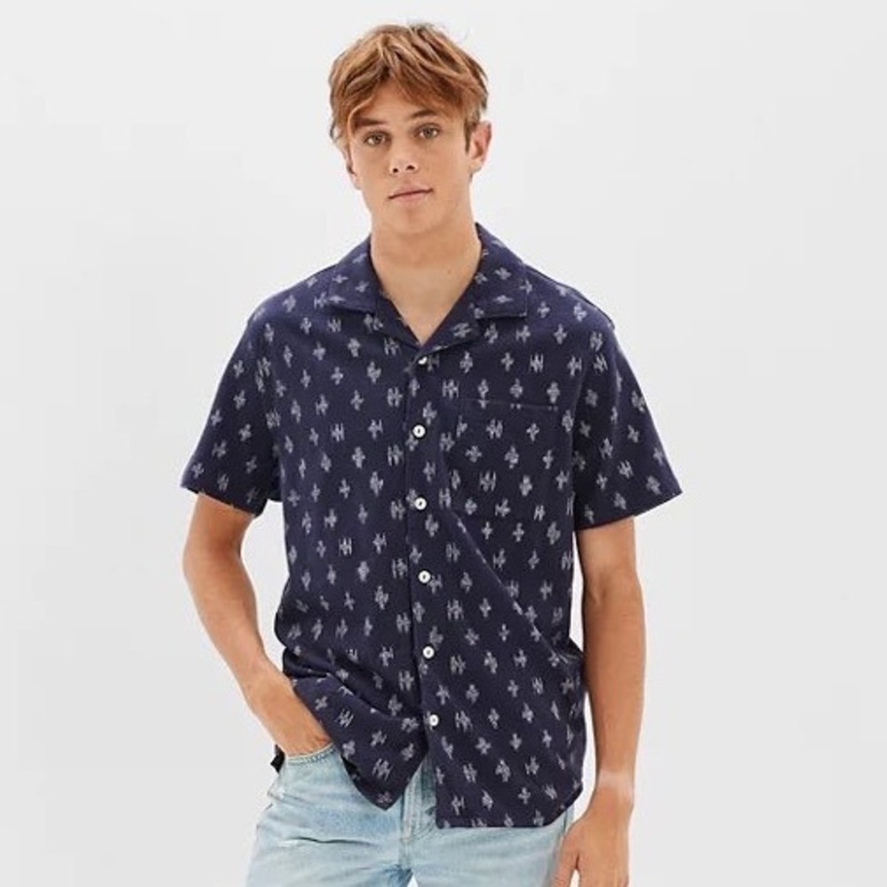 American Eagle Men's Super Soft Slub Button Up Cotton Shirt Size M Blue Vacation